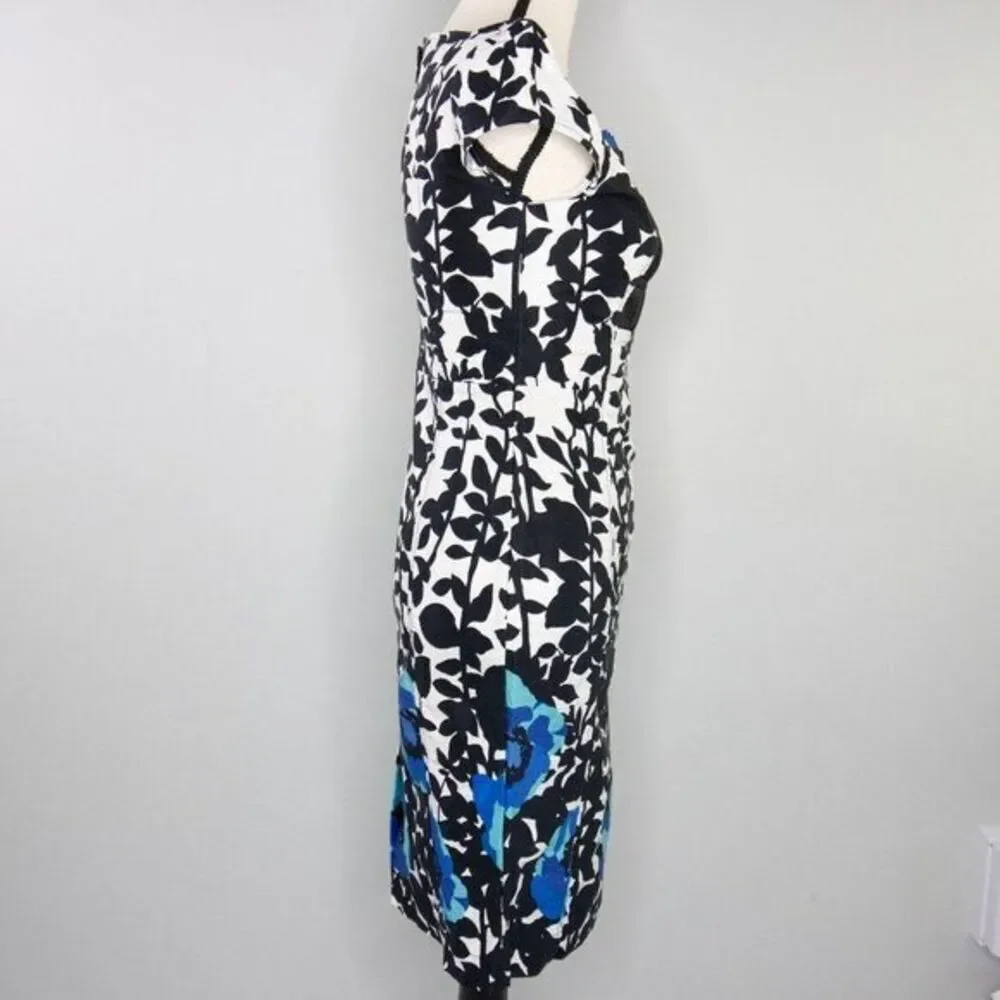 Vintage floral print black white, square neck,‎ bubble short sleeve sheath dress